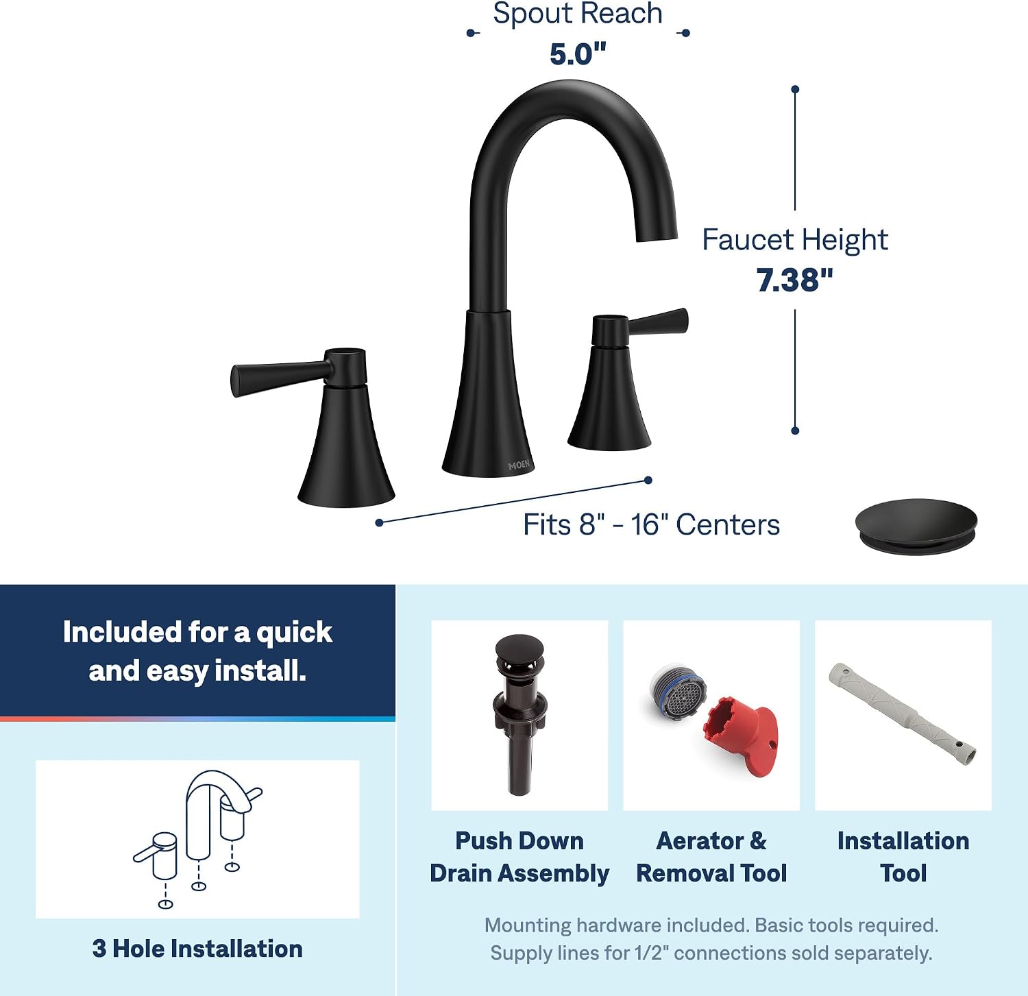 Moen Ronan Widespread Bathroom Faucet, Matte Black, 84023BL
