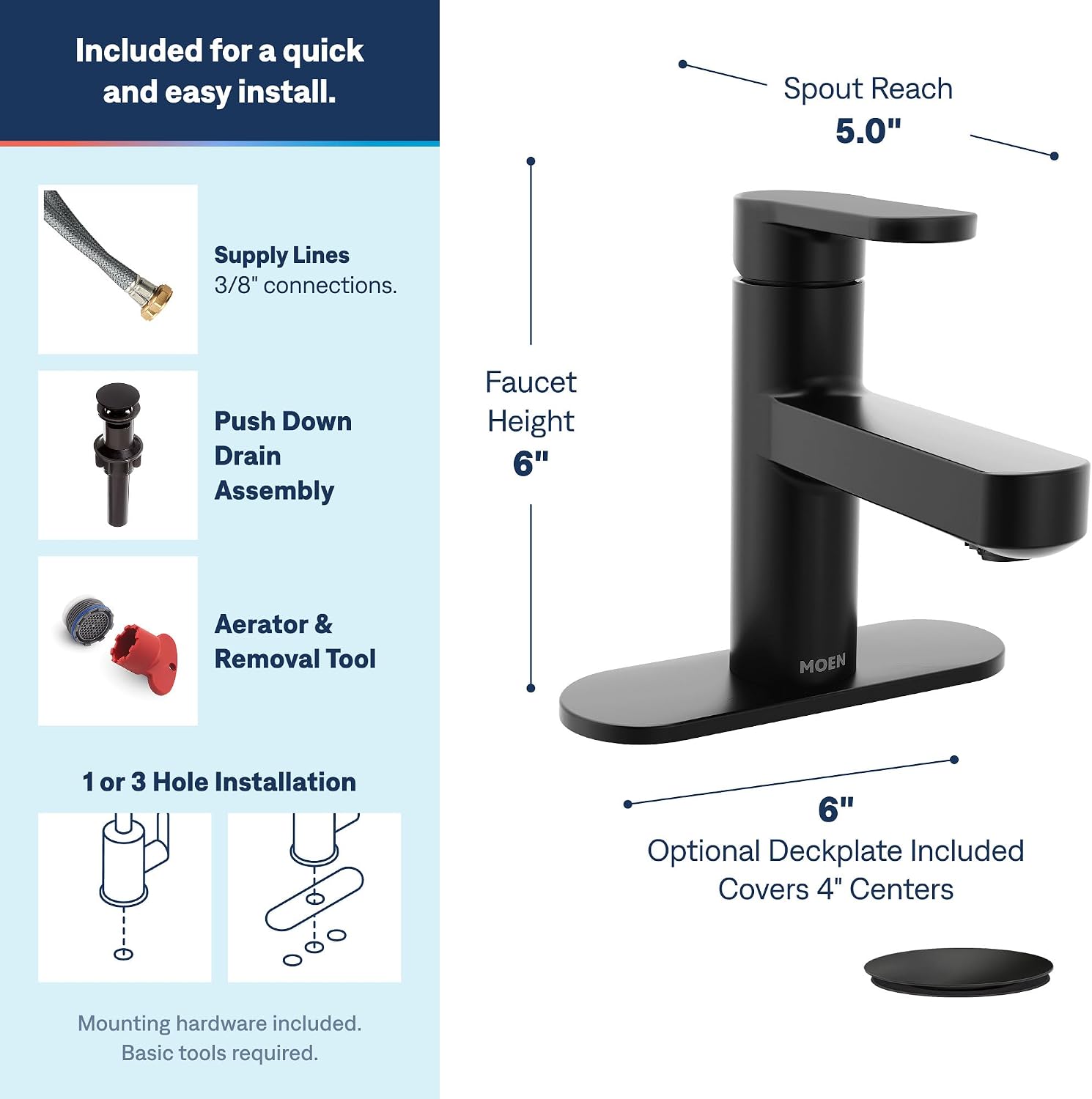 Moen Laris Single Hole Bathroom Faucet, Matte Black, 84014BL