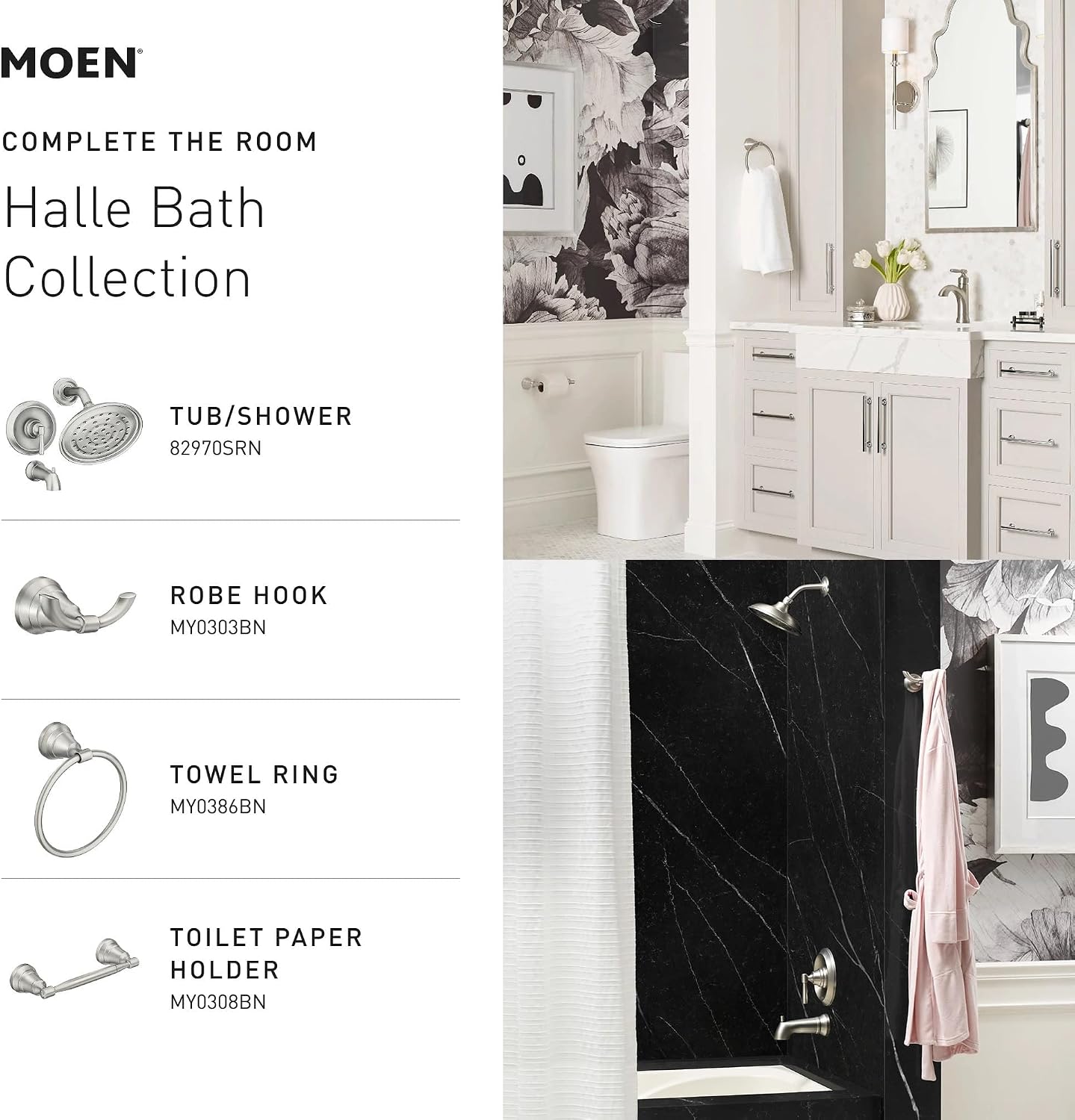 Moen Halle Tub & Shower Trim Kit with Valve, Matte Black, 82970BL