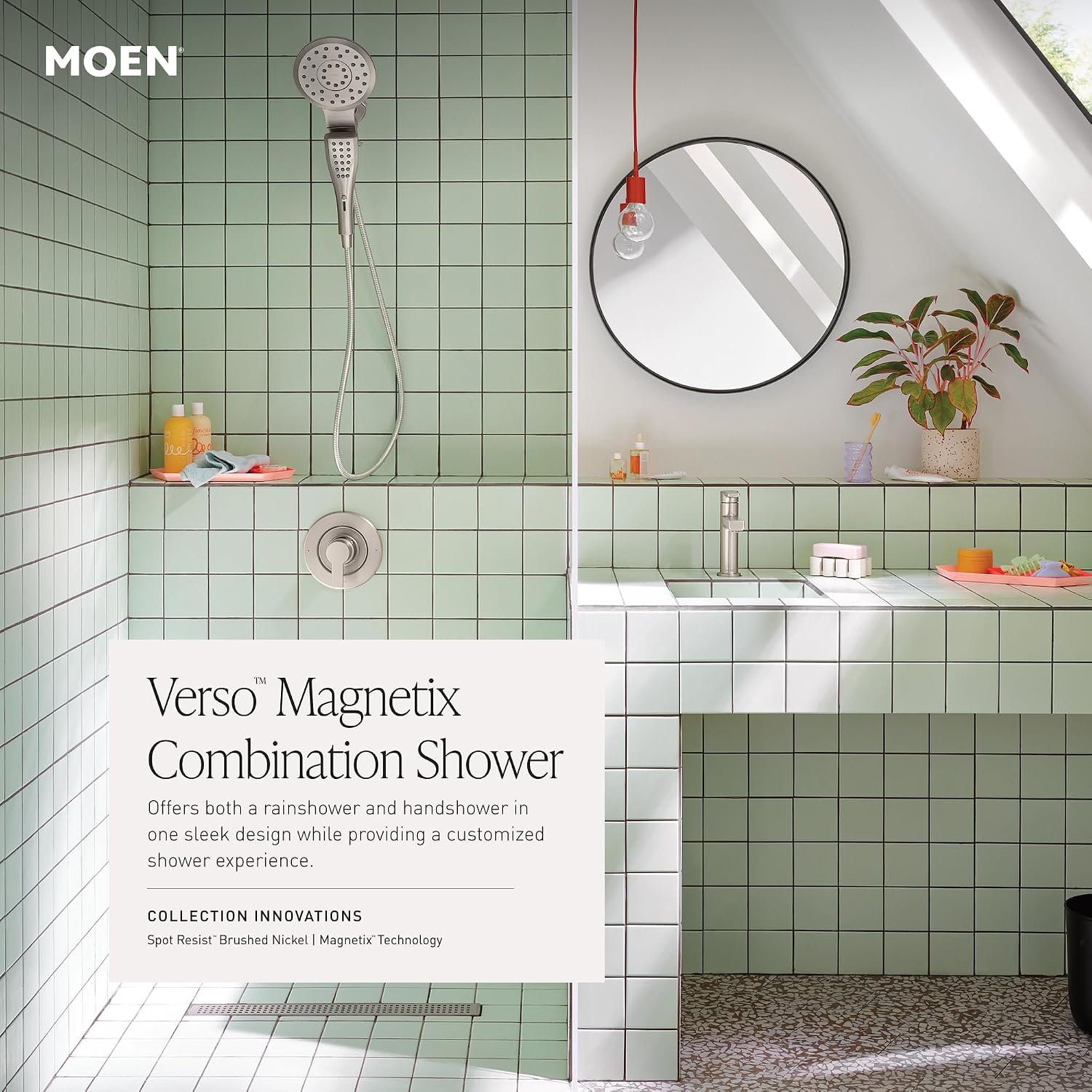 Moen 220C2EPSRN Verso Showerhead Combo, Magnetix, Brushed Nickel Spot Resist Nickel