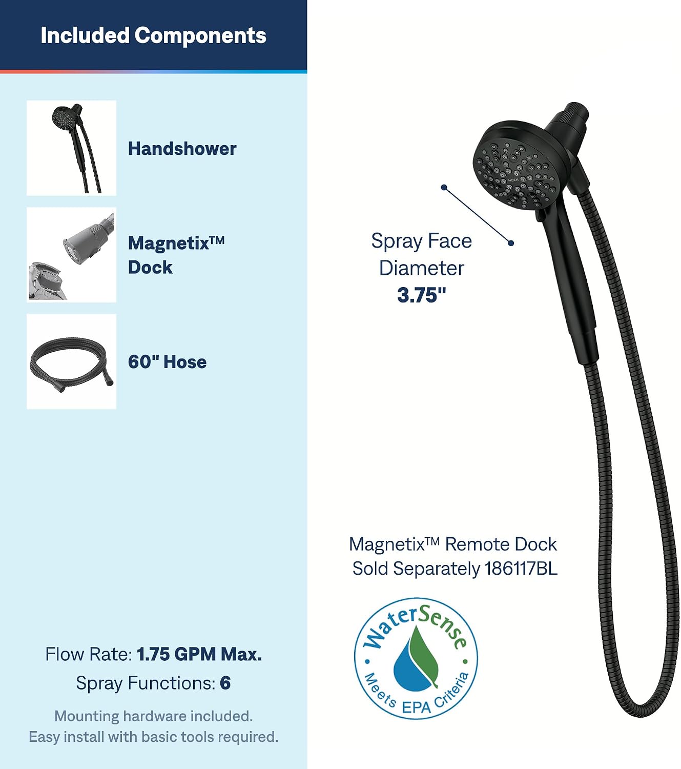 Moen Engage Magnetix Handheld Showerhead, Matte Black, 26100EPBL