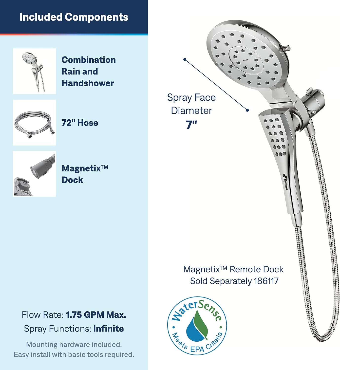 Moen Verso 8-Function Showerhead & Handshower, Chrome, 220C3EP