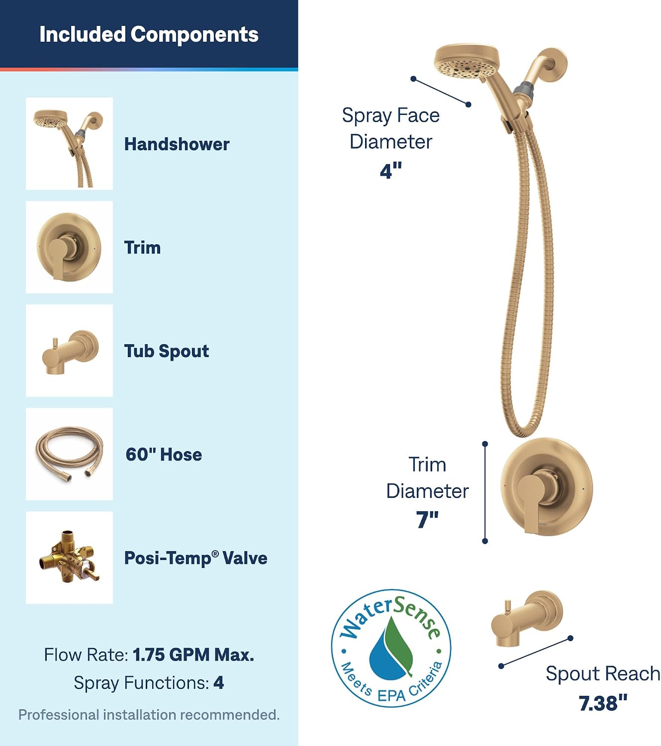 Moen Meena Tub & Shower Faucet with Handshower, Bronzed Gold, 82618BZG