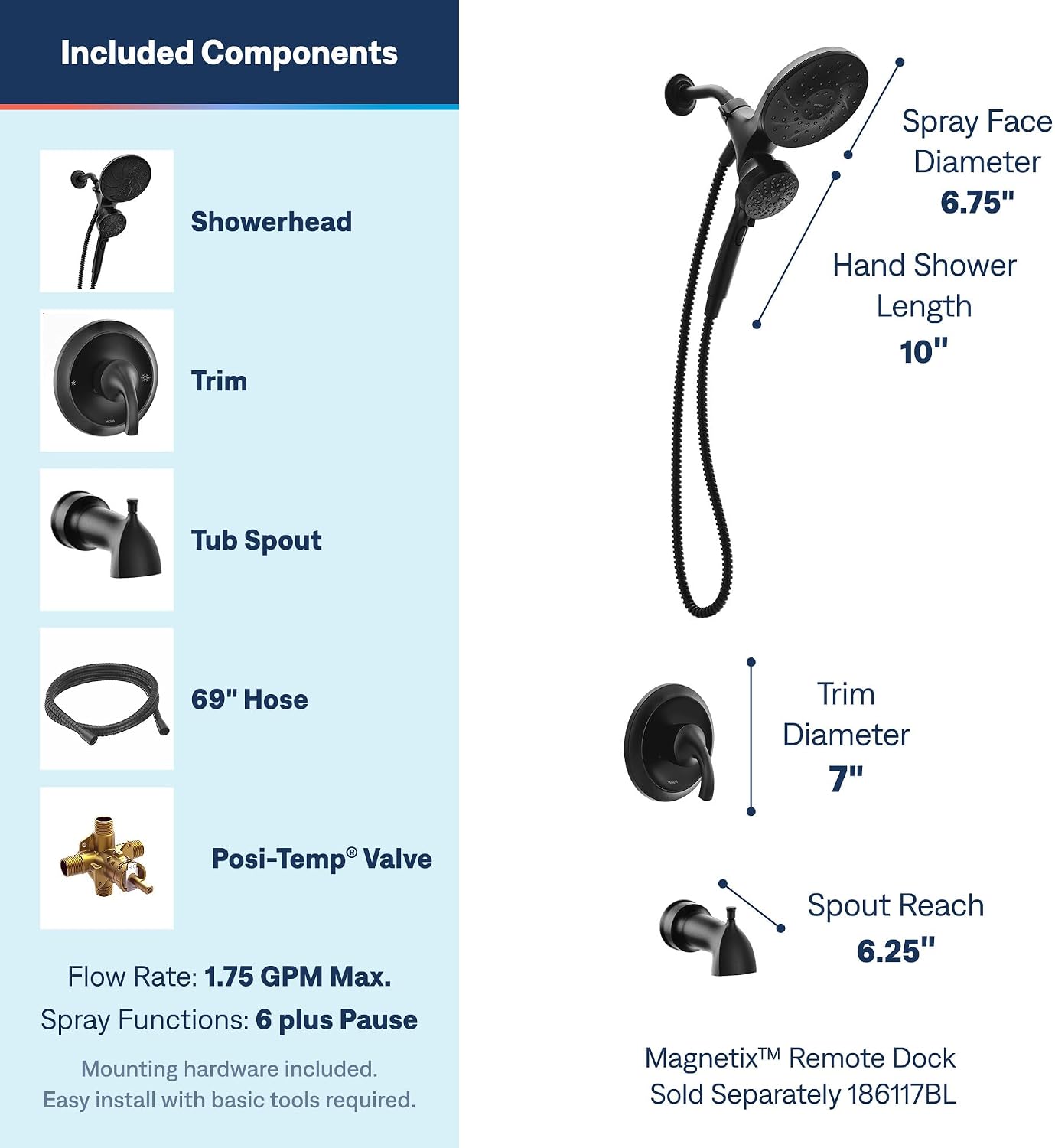 Moen Engage Magnetix Tub & Shower Trim Kit, Matte Black, 82304BL
