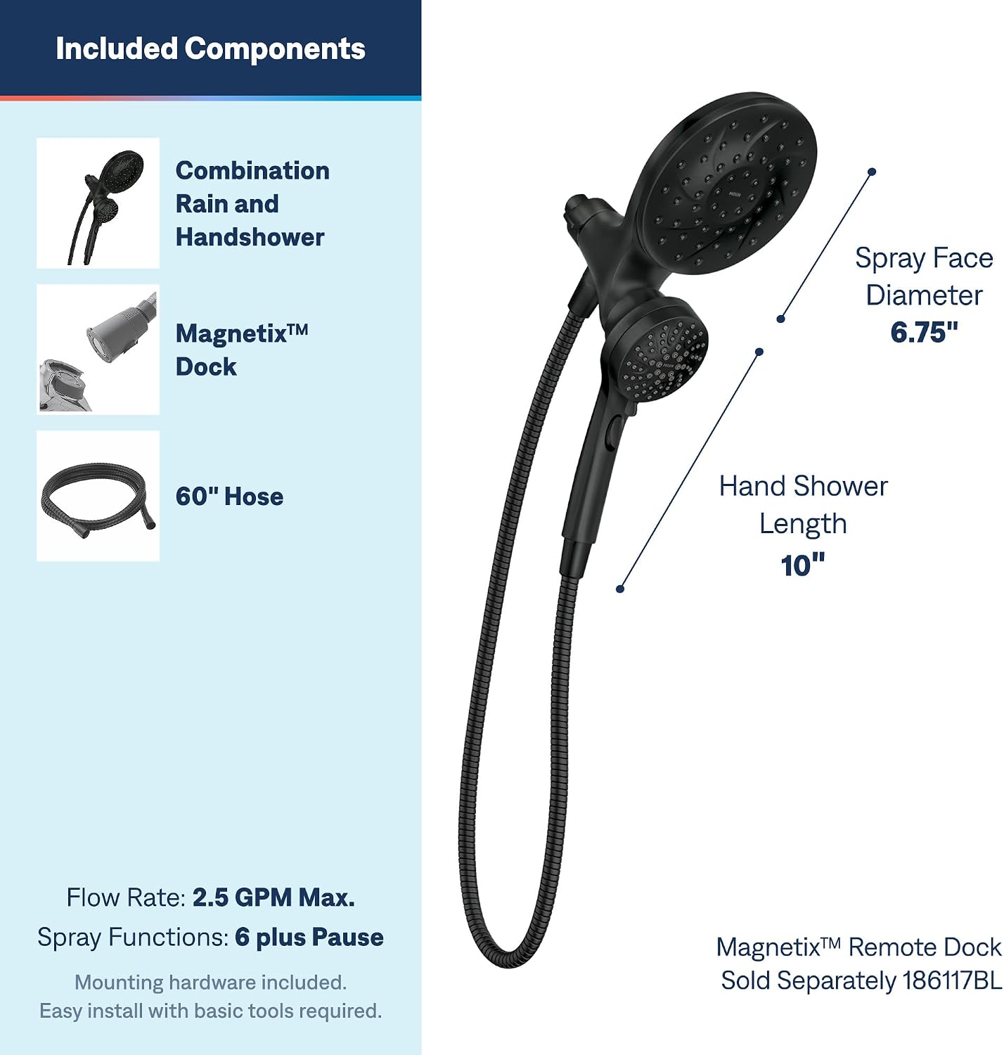 Moen Engage 2-in-1 Showerhead & Handshower, Matte Black, 26009BL