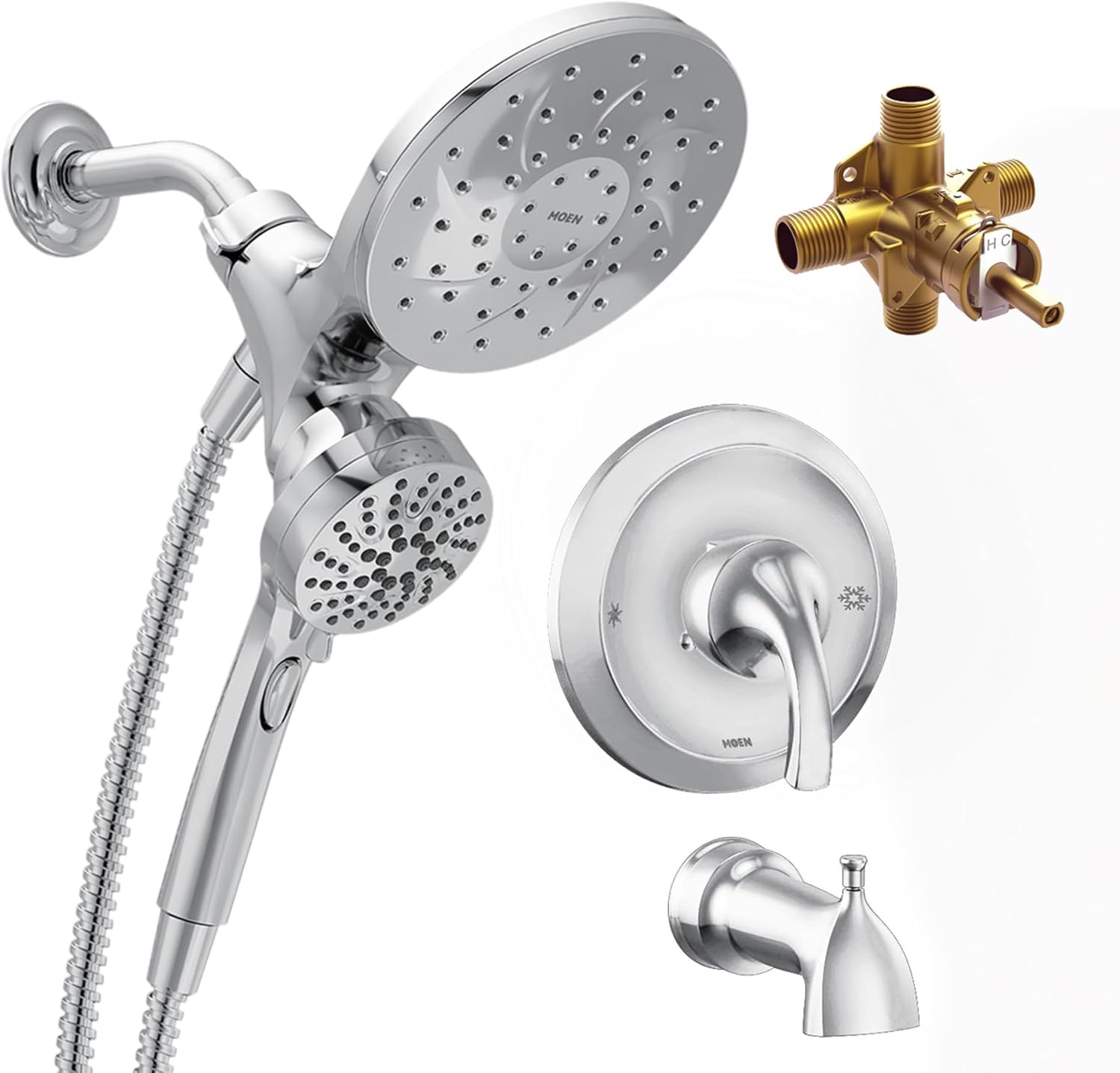 Moen Engage Magnetix 6-Function Handheld Showerhead and Rain Shower Head Combo, Tub and Shower Trim Kit with Valve, Handle, Tub Spout, Metal Hose, Chrome, 82304