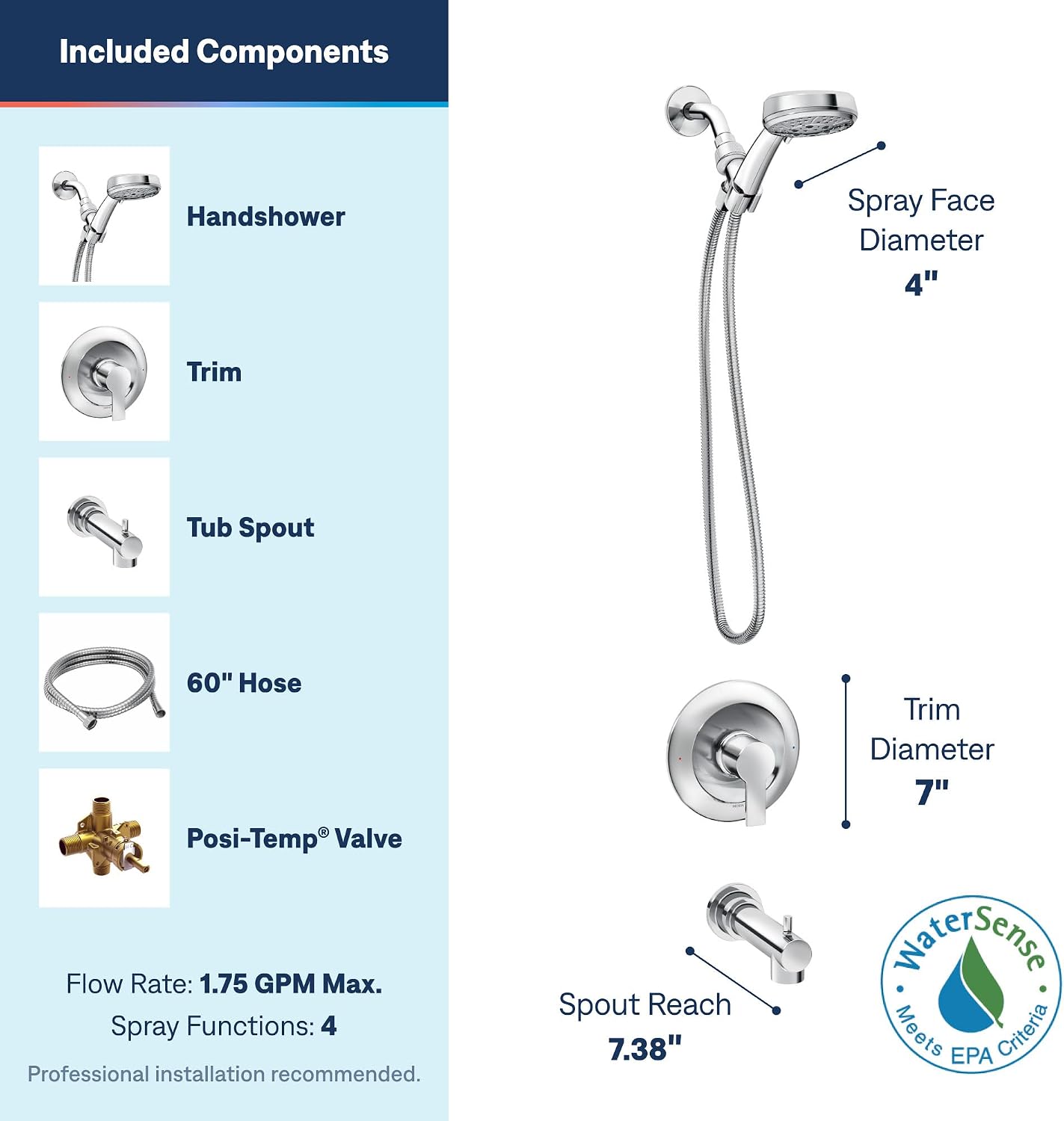 Moen 82618 Meena Tub & Shower Faucet w/Handshower, Chrome