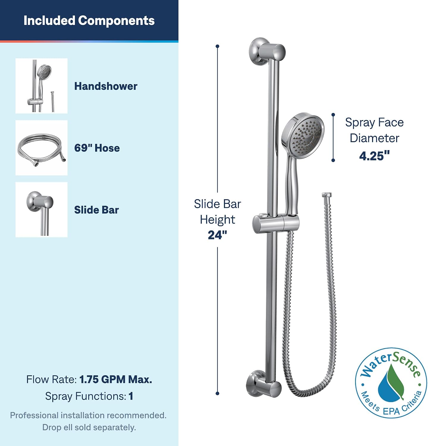 Moen Eco-Performance Handheld Showerhead with Slide Bar, Chrome, 3668EP