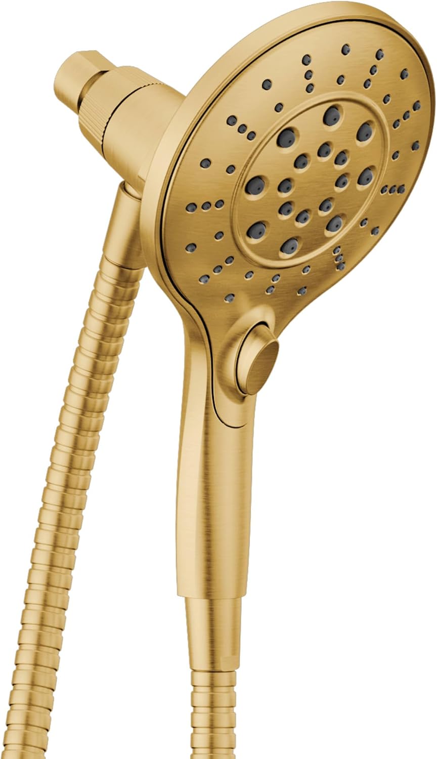 Moen Engage Magnetix Brushed Gold Six-Function 5.5-Inch Wide Handheld Showerhead with Magnetic Docking System and Metal Hose, 3662EPBG