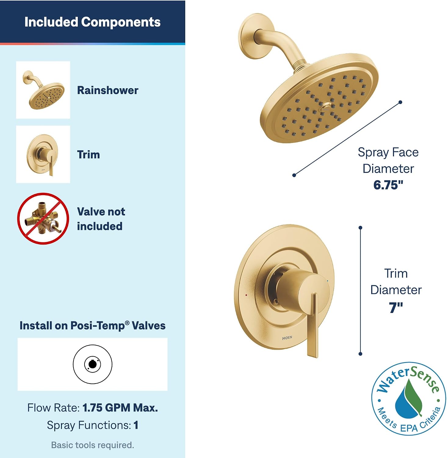Moen Cia Rain Shower Trim Kit, Valve Required, Brushed Gold, T2262EPBG