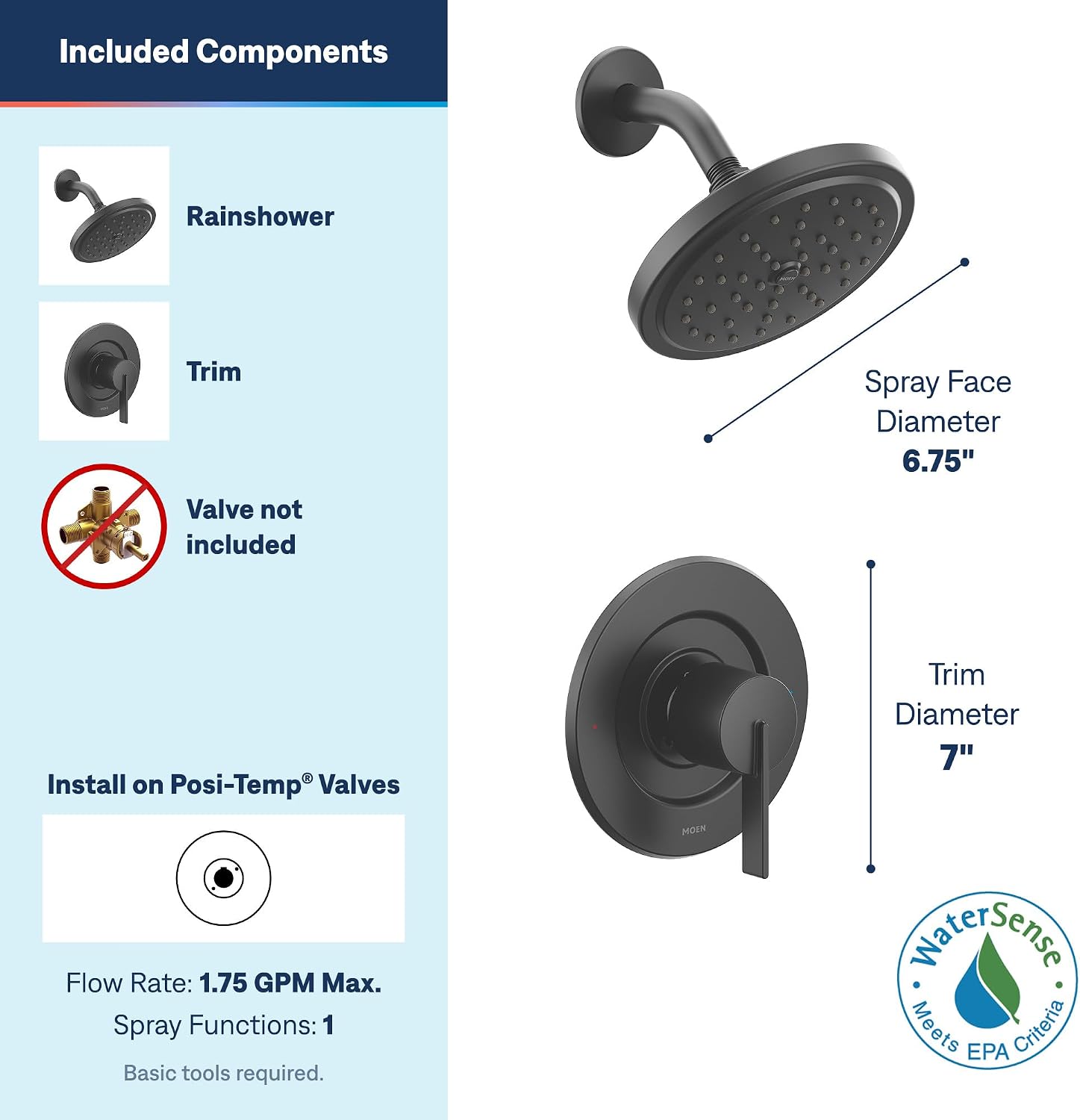 Moen Cia Rain Shower Trim Kit, Valve Required, Matte Black, T2262EPBL
