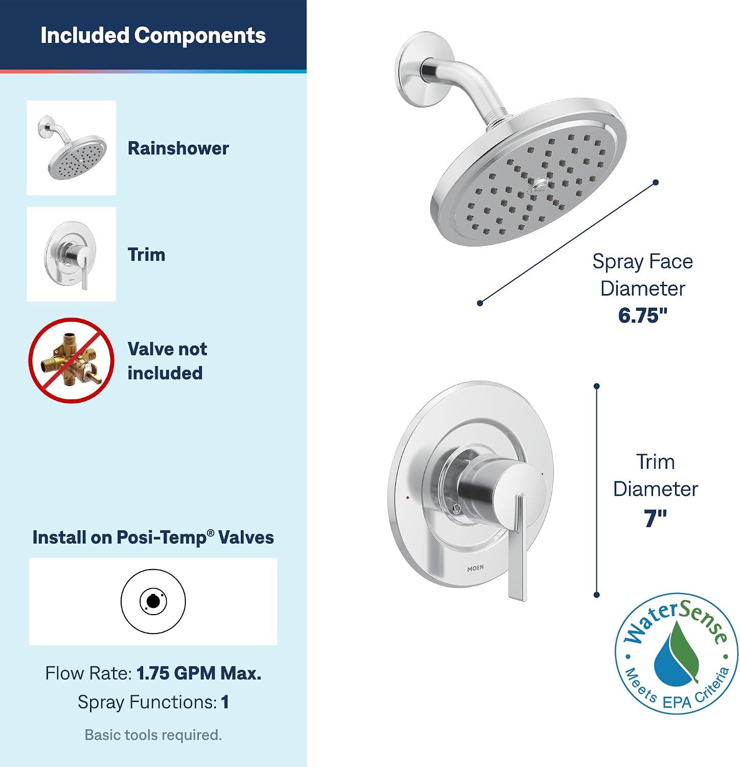 Moen Cia Rain Shower Trim Kit, Valve Required, Chrome, T2262EP