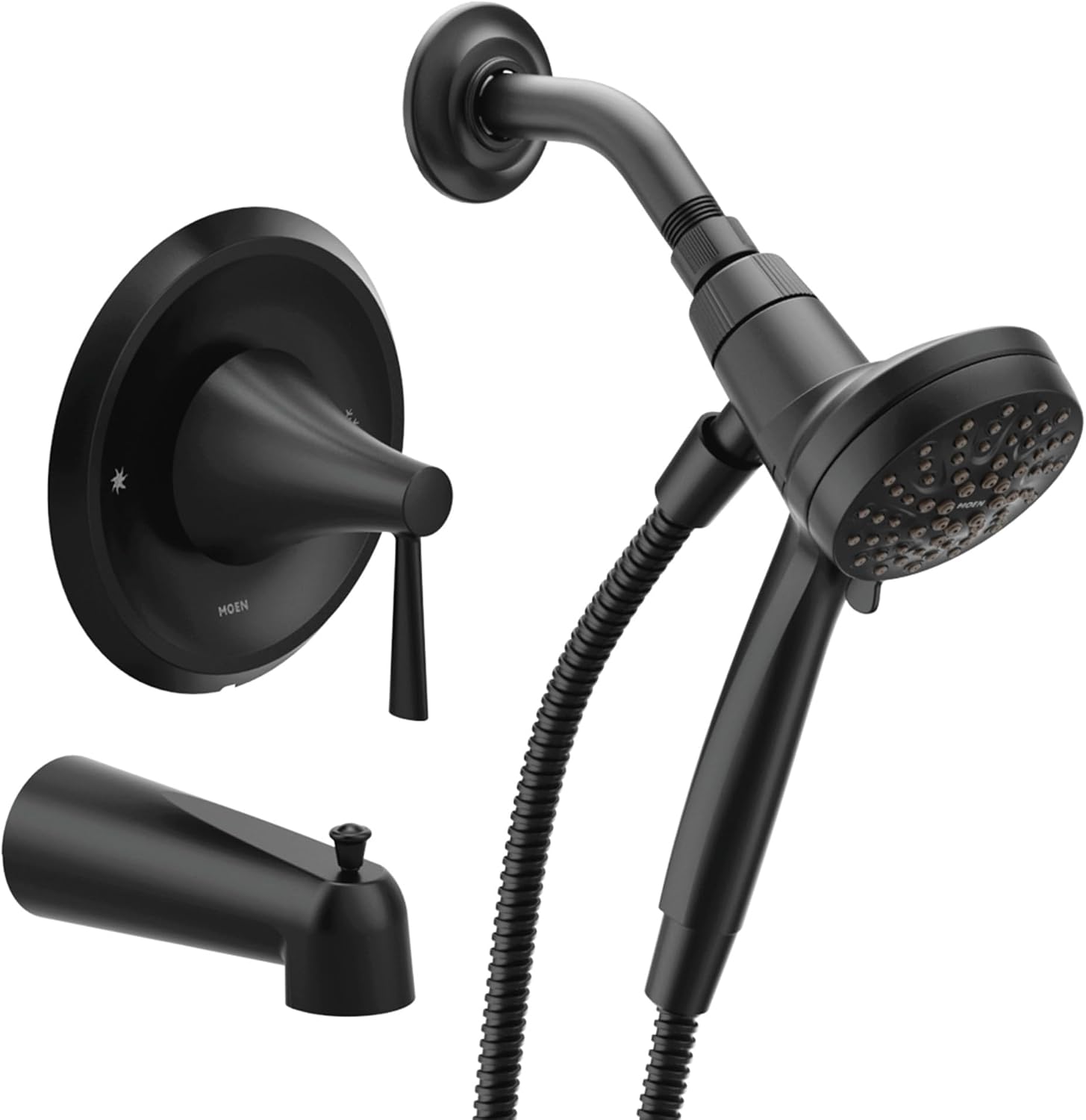 Moen Ronan Matte Black Single-Handle Modern Tub and Shower Faucet with Round Handheld Rainshower Spray Head Featuring Magnetix, Valve Included, 82021BL