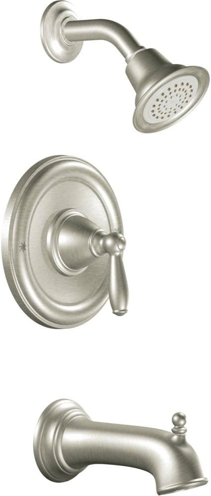 Moen Brantford Brushed Nickel Pressure Balancing Modern Bathtub and Shower Trim Kit with Shower Head, Shower Handle, and Tub Spout, Shower Faucet Set (Posi-Temp Valve Required), T2153BN
