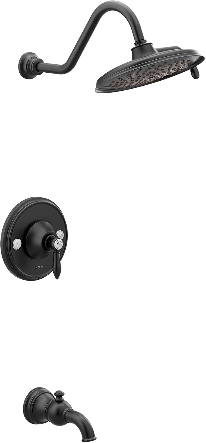 Moen TS32104BL Weymouth Posi-Temp Tub and Shower Trim Kit, Valve Required, including 9-Inch 2-Spray Rainshower, Matte Black