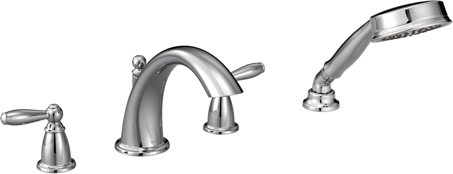 Moen T924 Brantford 2-Handle Deck Mount Roman Tub Faucet Trim Kit, Valve Required, Including Single Function Handshower, Chrome