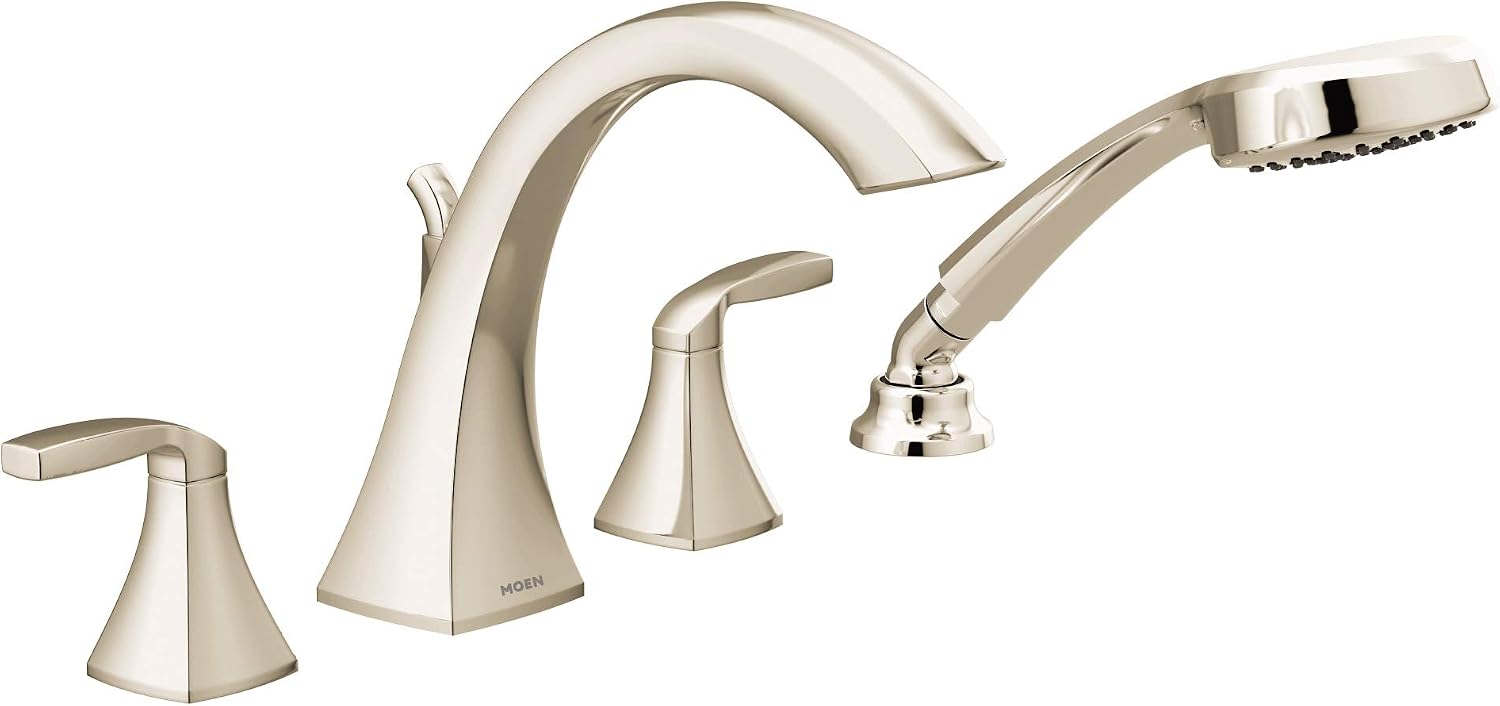 Moen T694NL Voss 2-Handle Deck Mount Roman Tub Faucet Trim Kit, Valve Required, Including Single Function Handshower, Polished Nickel