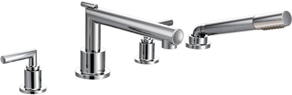 Moen TS93004 Arris 2-Handle Deck Mount Modern Roman Tub Faucet Trim Kit, Valve Required, Including Single Function Handshower, Chrome