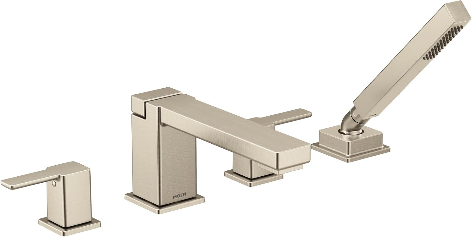 Moen TS914BN 90 Degree Two-Handle Deck Mount Roman Tub Faucet Trim Kit, Valve Required, Including Single Function Handshower, Brushed Nickel