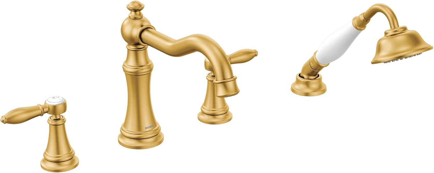 Moen TS21104BG Weymouth Two-Handle Roman Tub Faucet Trim Kit with Handshower, Valve Required, Brushed Gold