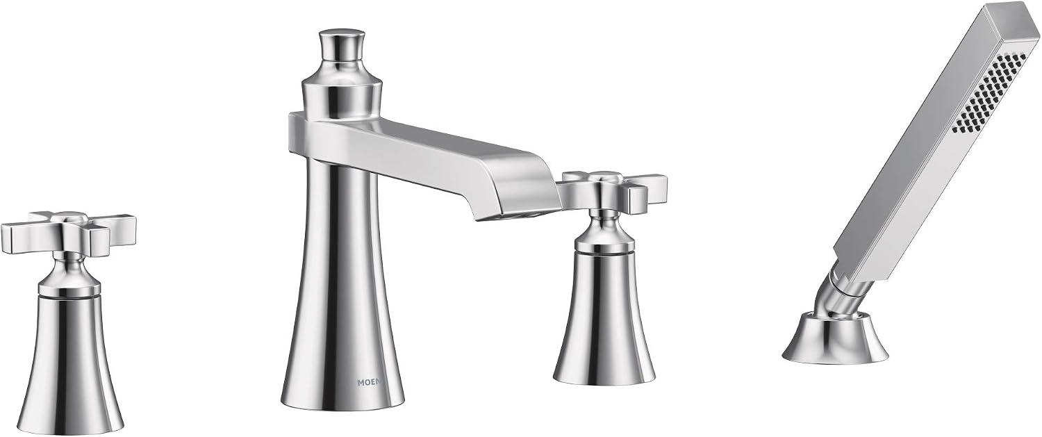 Moen TS929 Flara 2-Handle Deck Mount Cross Handle Roman Tub Faucet Trim Kit, Valve Required, Including Single Function Handshower, Chrome
