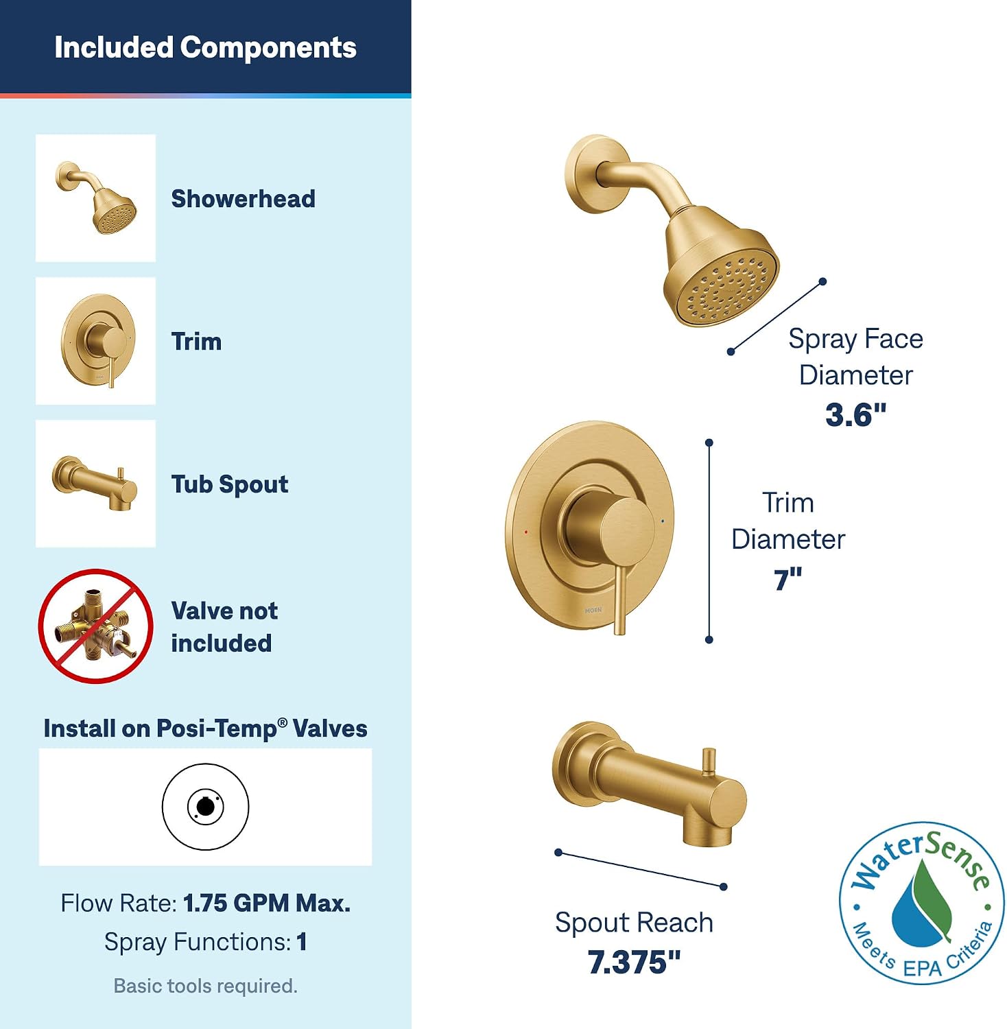 Moen Align Tub & Shower Trim Kit, Valve Required, Brushed Gold, T2193EPBG
