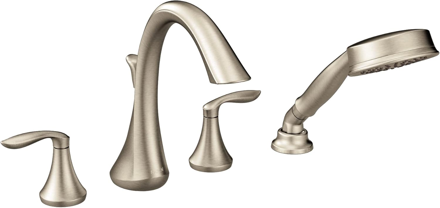 Moen Eva Brushed Nickel Two-Handle Deck Mount Roman Tub Faucet Trim Kit with Single Function Handshower, Valve Required, T944BN