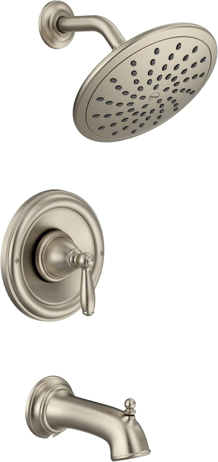 Moen Brantford Brushed Nickel Posi-Temp Tub and Shower Trim Kit, Including 8-Inch Wide Eco-Performance Rain Showerhead, Lever Handle, and Tub Spout, Valve Required, T2253EPBN
