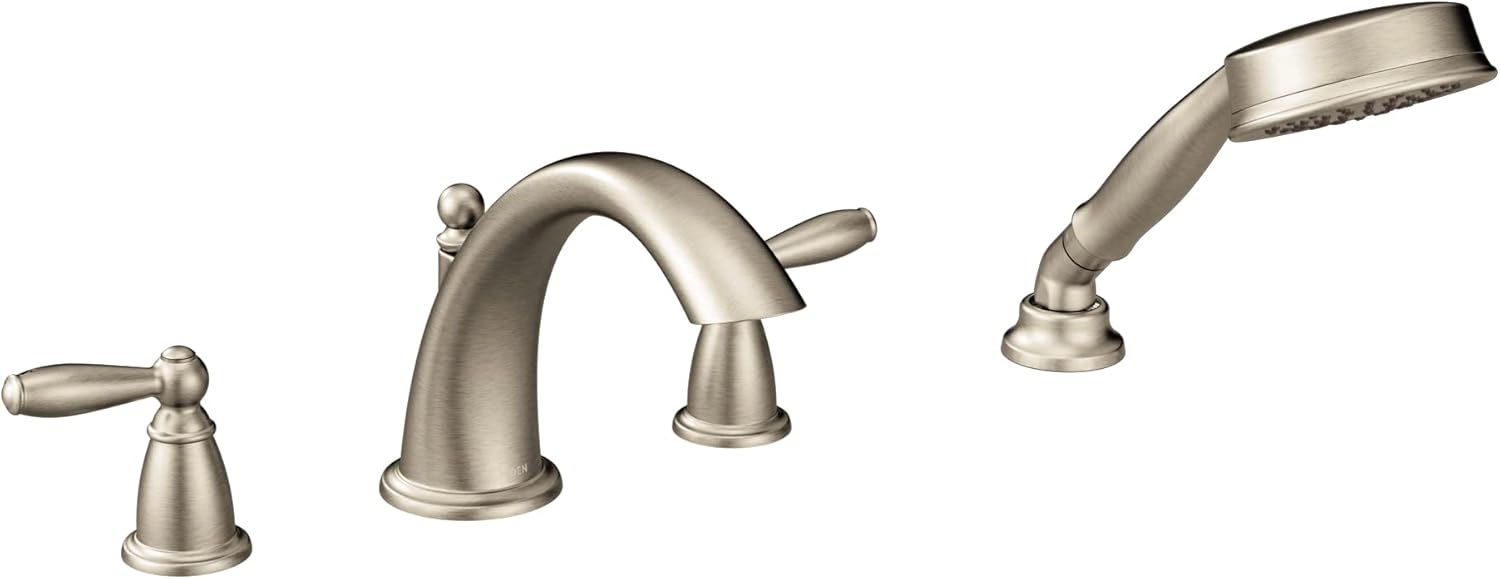 Moen Brantford brushed Nickel Two-Handle Deck Mount Roman Tub Faucet Trim Kit with Single Function Handshower, Valve Required, T924BN