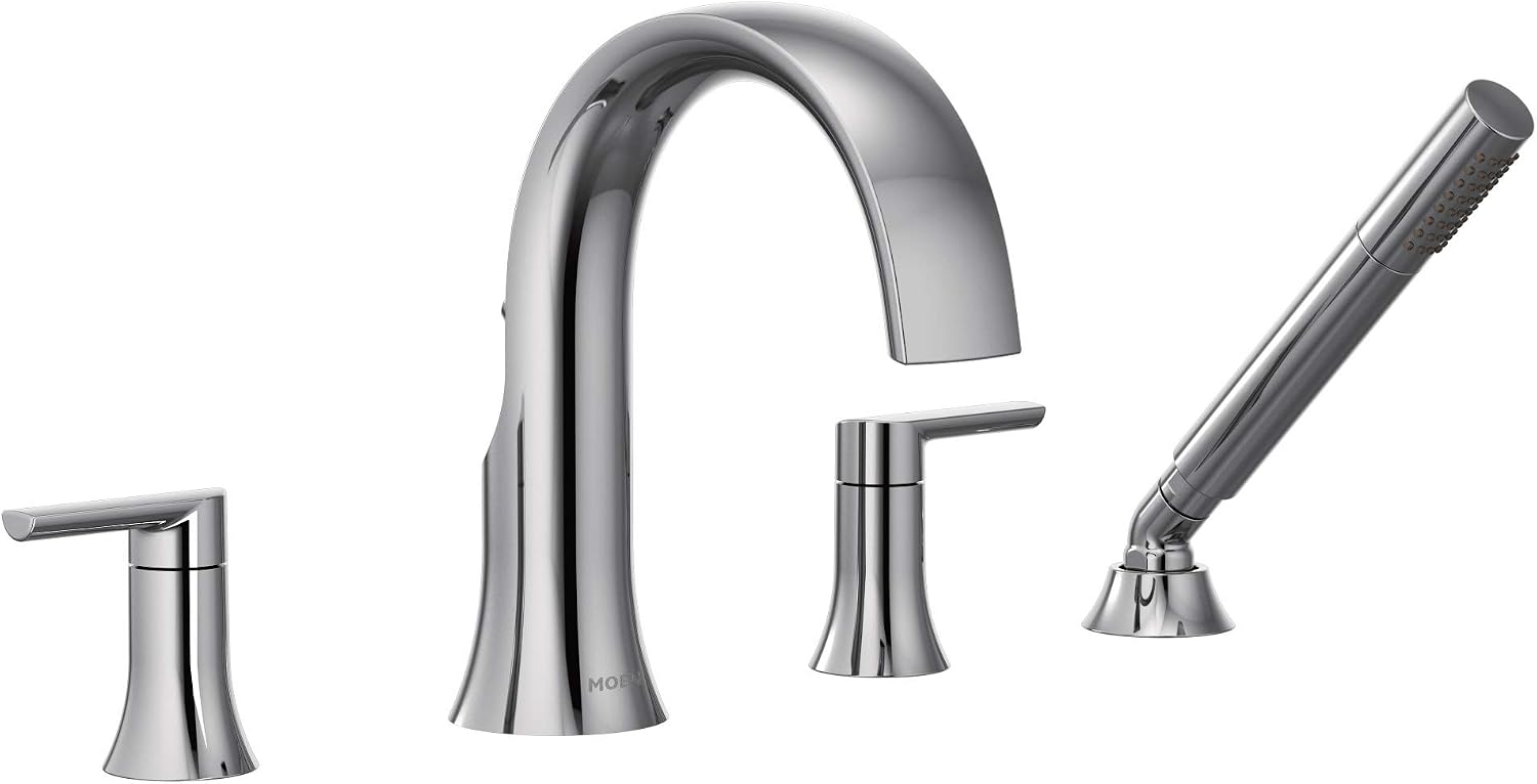 Moen TS983 Doux Two-Handle High Arc Deck-Mount Roman Tub Faucet Trim with Handshower, Valve Required, Chrome