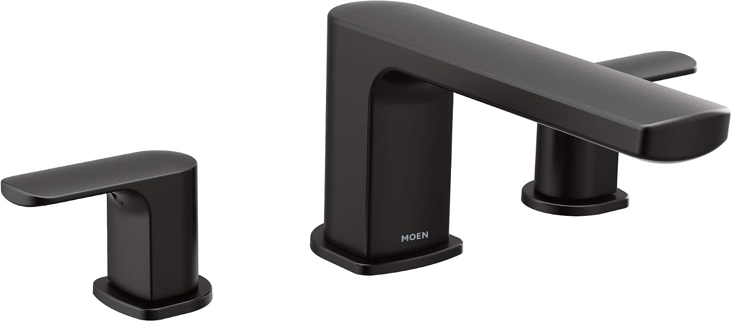 Moen T935BL Rizon Two-Handle Deck Mount Modern Roman Tub Faucet Trim, Valve Required, Matte Black