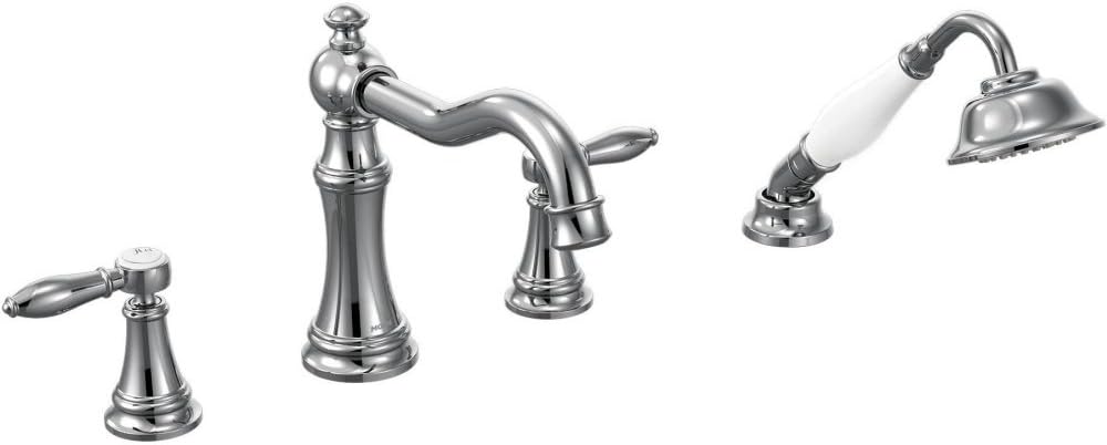 Moen TS21104 Weymouth Two-Handle Roman Tub Faucet Trim Kit with Handshower, Valve Required, Chrome