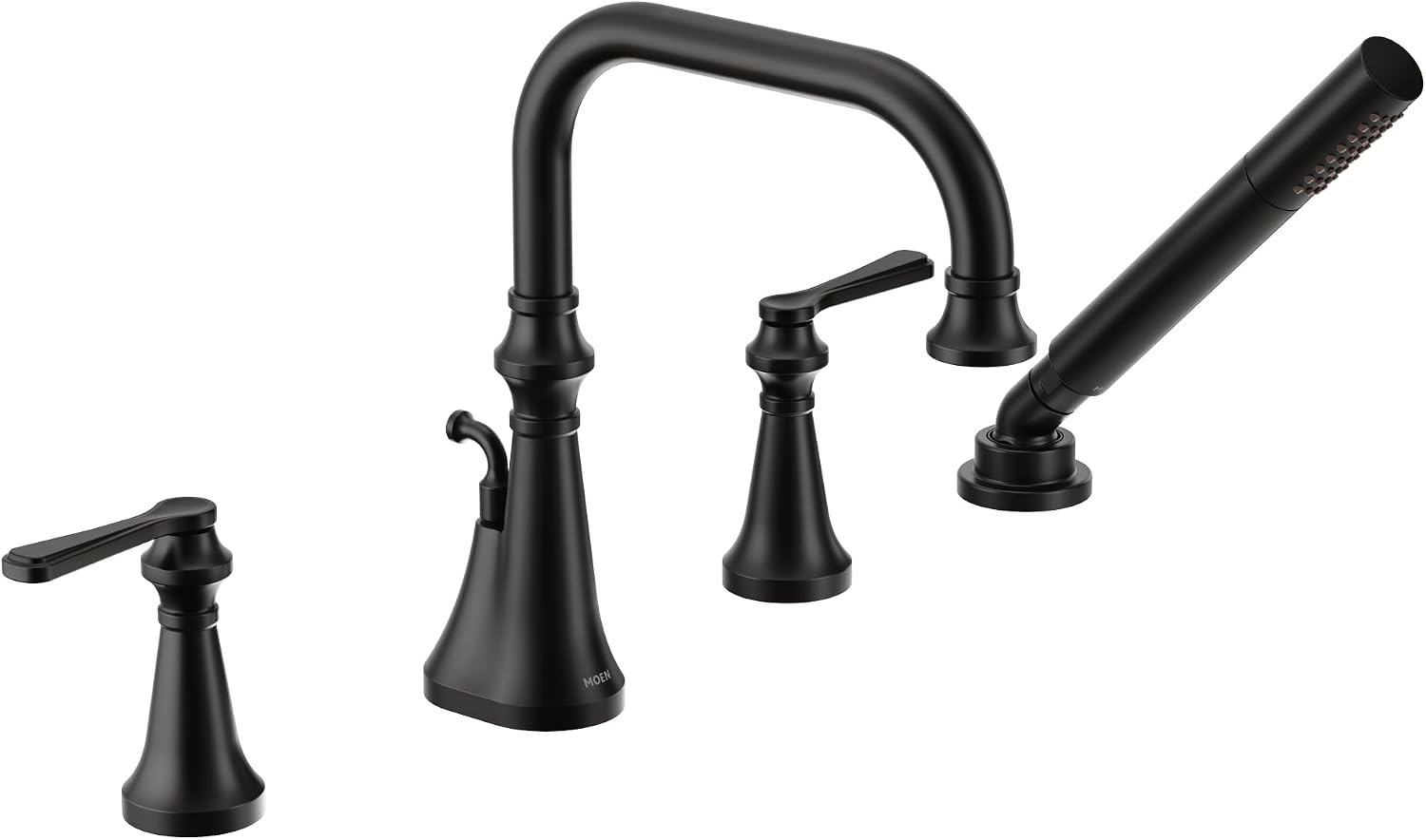 Moen TS44504BL Colinet Two Handle Deck-Mount Roman Tub Faucet Trim with Lever Handles and Handshower, Valve Required, Matte Black