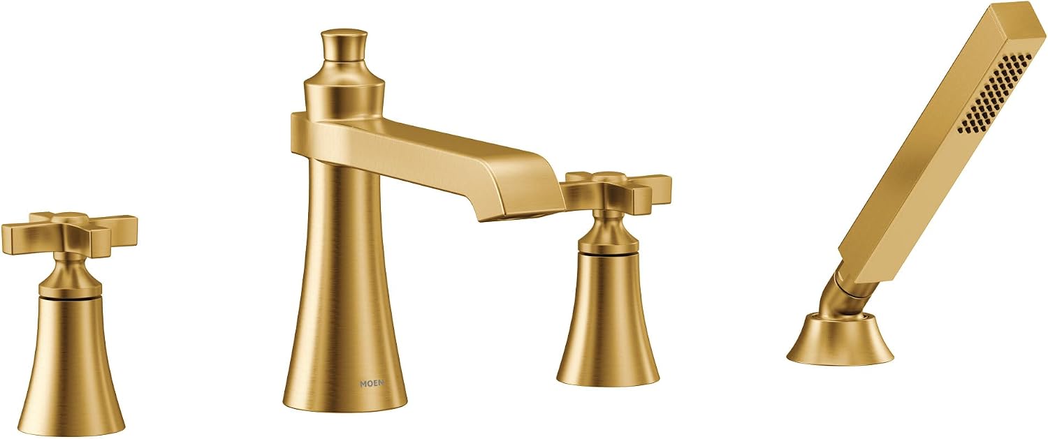 Moen TS929BG Flara 2-Handle Deck Mount Cross Handle Roman Tub Faucet Trim Kit, Valve Required, Including Single Function Handshower, Brushed Gold