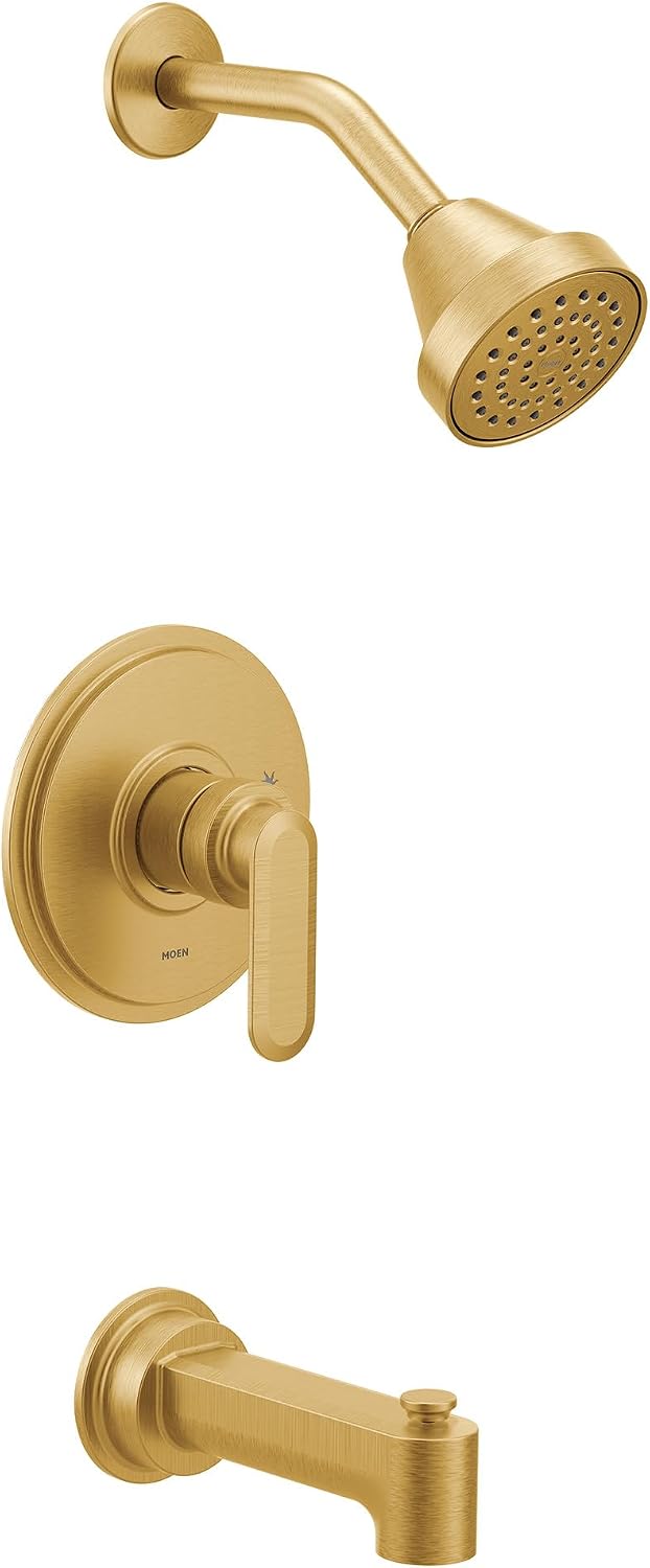 Moen Greenfield Brushed Gold Bathroom Shower Faucet with Showerhead, Shower Lever Handle, and Tub Spout, Valve Required, UT2323EPBG