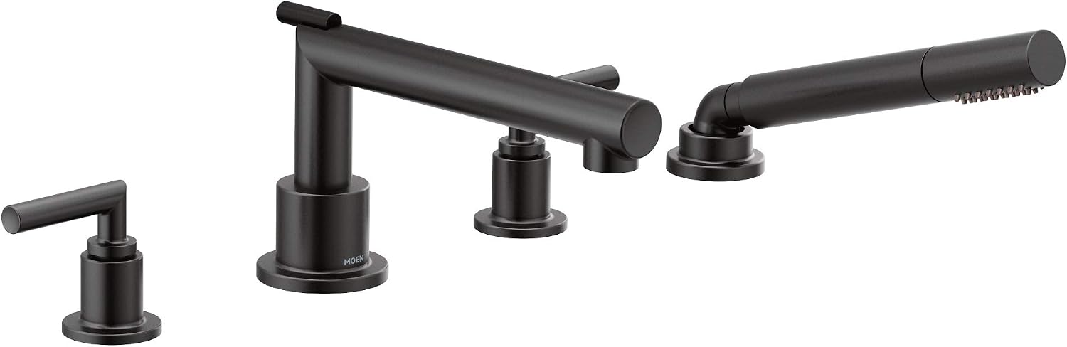 Moen TS93004BL Arris 2-Handle Deck Mount Modern Roman Tub Faucet Trim Kit, Valve Required, Including Single Function Handshower, Matte Black