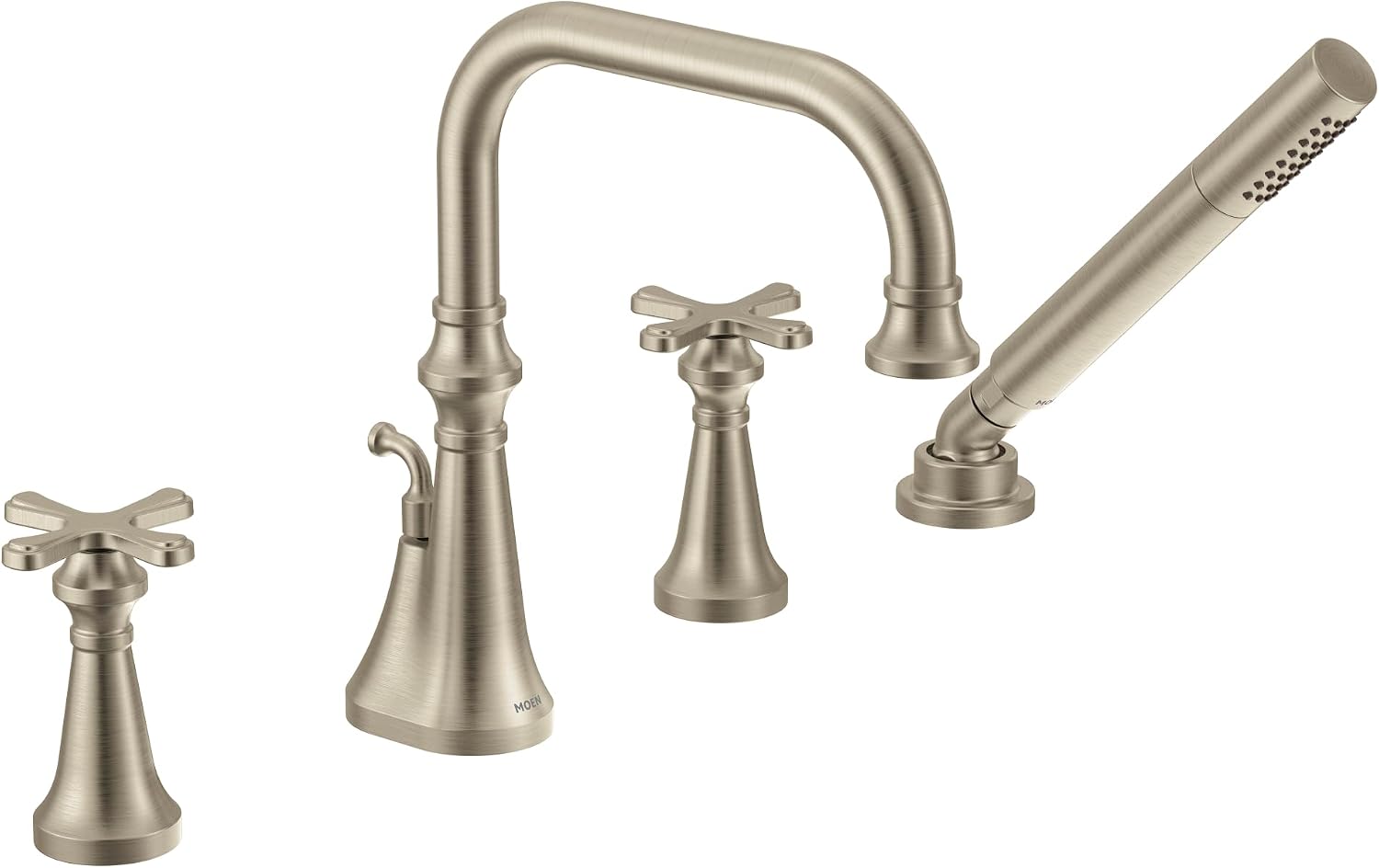 Moen TS44506BN Colinet Two Handle Deck-Mount Roman Tub Faucet Trim with Cross Handles and Handshower, Valve Required, Brushed Nickel