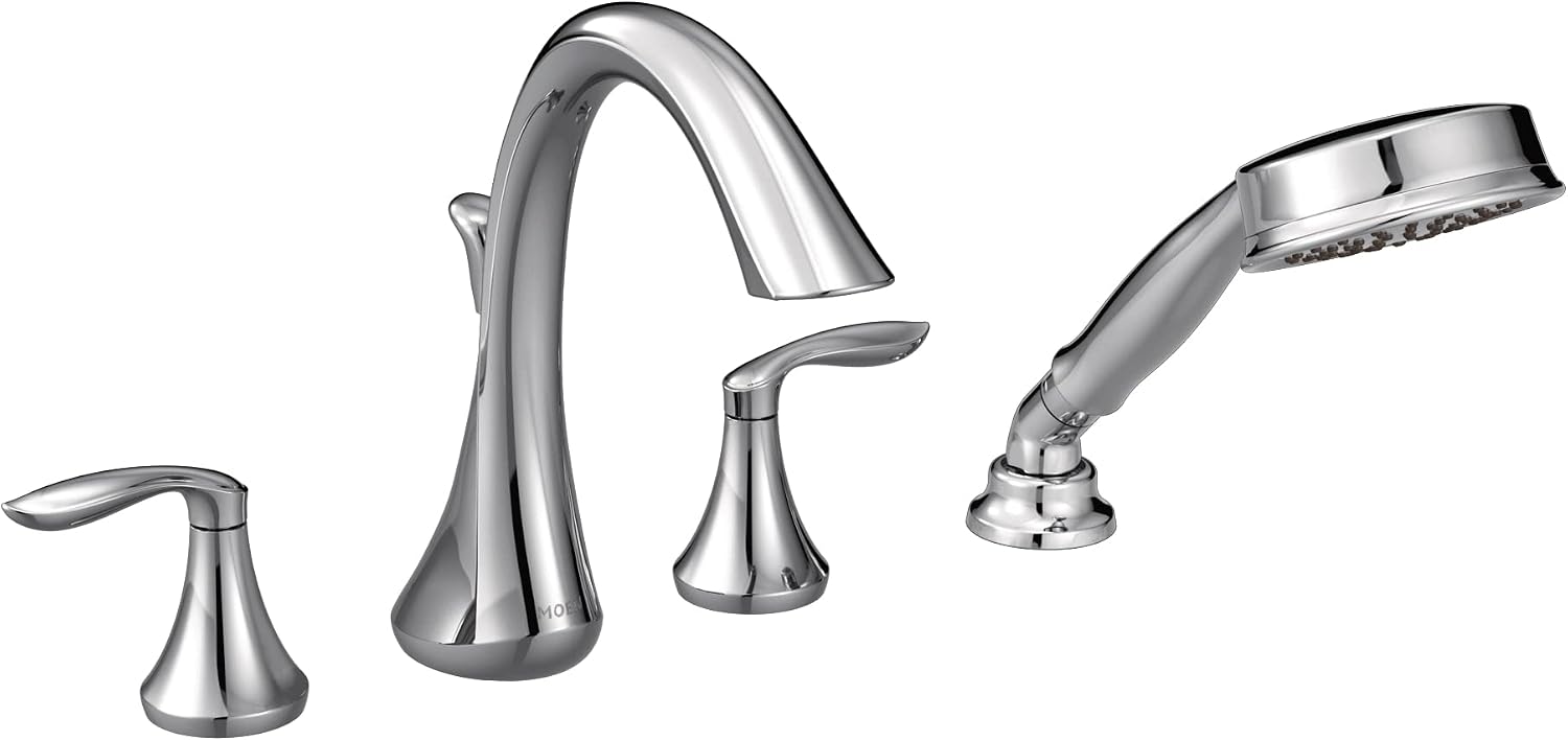 Moen Eva Chrome Two-Handle Deck Mount Roman Tub Faucet Trim Kit with Single Function Handshower, Valve Required, T944