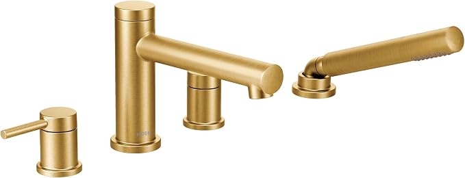 Moen T394BG Align 2-Handle Deck Mount Modern Roman Tub Faucet Trim Kit with Single Function Handshower, 4-hole Bathtub Faucets with Hand Shower Wand and Tub Spout, Valve Required, Brushed Gold