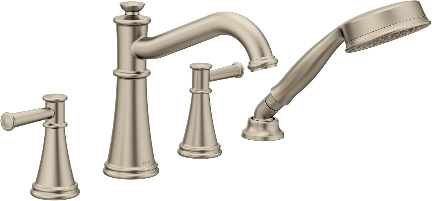 Moen T9024BN Belfield Two-Handle Deck Mounted Roman Tub Faucet and Hand Shower without Valve, Brushed Nickel