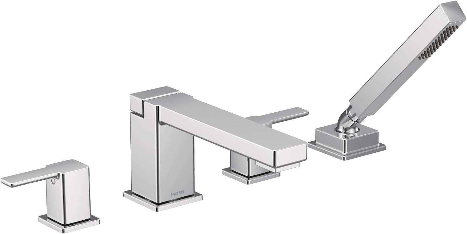 Moen TS914 90 Degree Two-Handle Deck Mount Roman Tub Faucet Trim Kit, Valve Required, Including Single Function Handshower, Chrome
