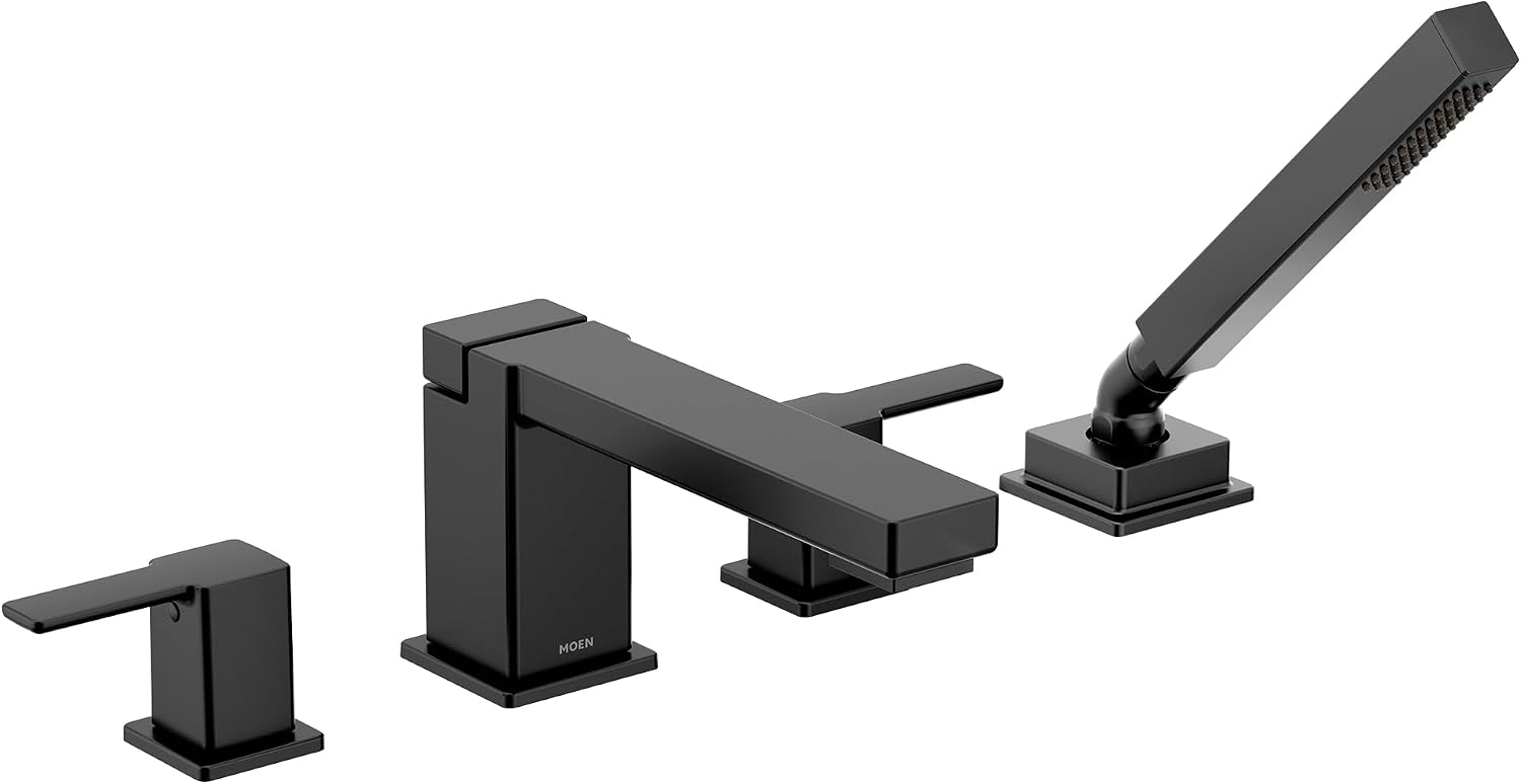 Moen 90 Degree Matte Black Two-Handle Deck Mount Roman Tub Faucet Trim Kit with Handshower, Valve Required, TS914BL
