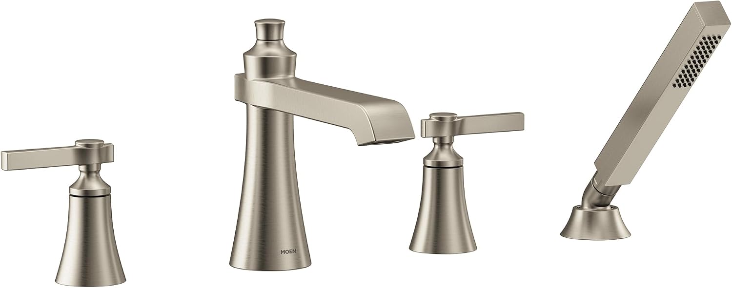 Moen TS928BN Flara 2-Handle Deck Mount Lever Handle Roman Tub Faucet Trim Kit, Valve Required, Including Single Function Handshower, Brushed Nickel