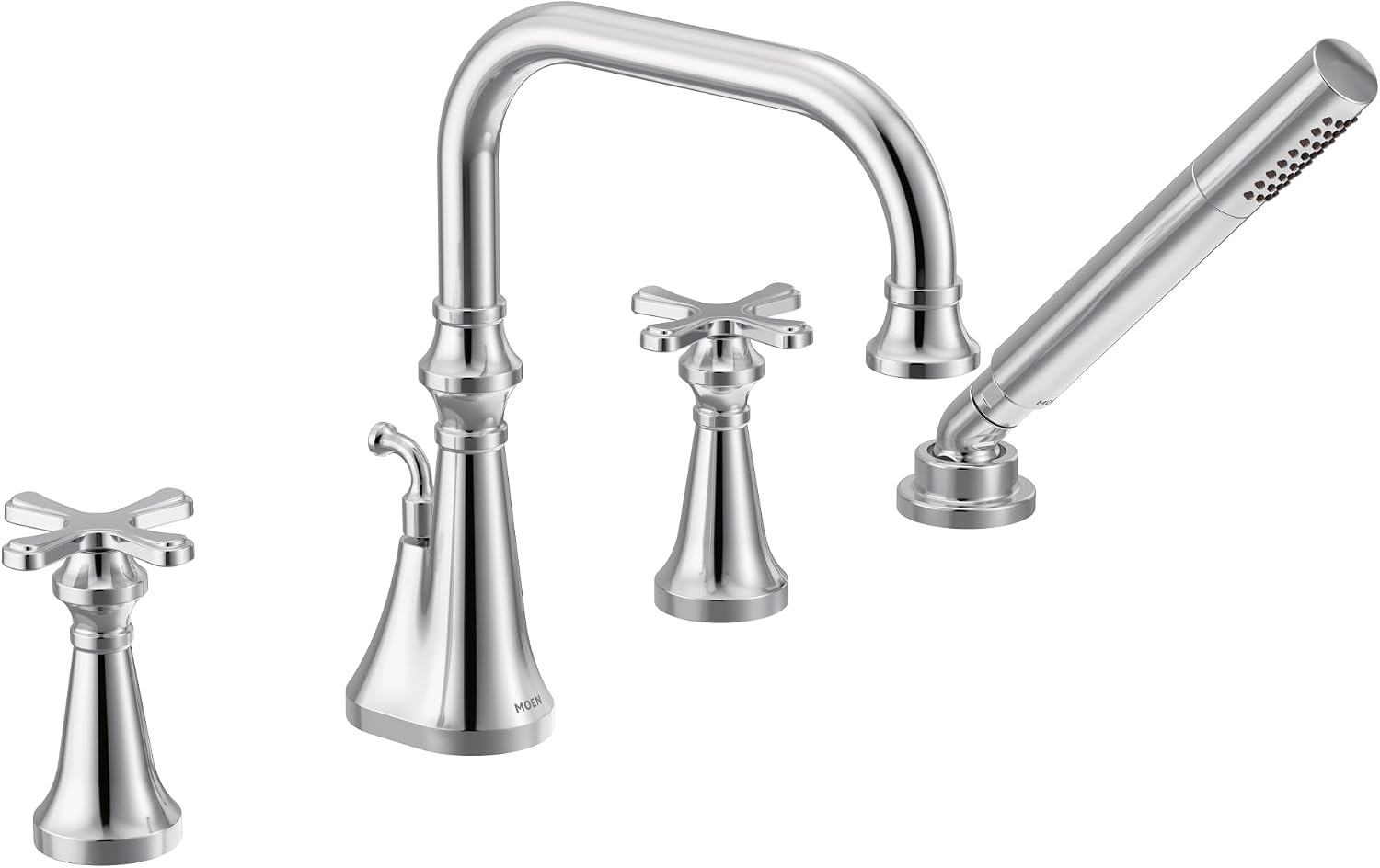 Moen TS44506 Colinet Two Handle Deck-Mount Roman Tub Faucet Trim with Cross Handles and Handshower, Valve Required, Chrome