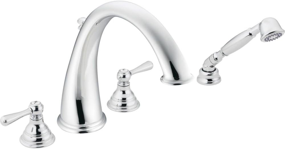 Moen T922 Kingsley Two Handle Deck Mount Roman Tub Faucet Trim Kit Valve Required Including Single Function Handshower, Chrome