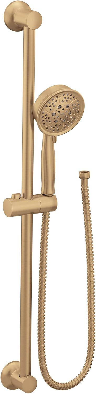 Moen Eco-Performance Bronzed Gold Four-Function Removable Handheld Showerhead with 69-Inch-Long Hose and Wall-Mounted Slide Bar, 3667EP