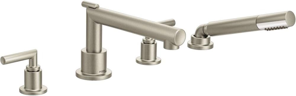Moen TS93004BN Arris 2-Handle Deck Mount Modern Roman Tub Faucet Trim Kit, Valve Required, Including Single Function Handshower, Brushed Nickel