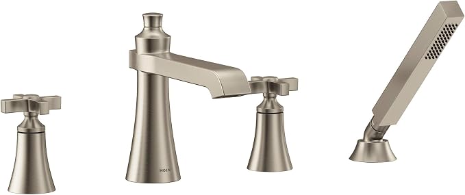 Moen TS929BN Flara 2-Handle Deck Mount Cross Handle Roman Tub Faucet Trim Kit, Valve Required, Including Single Function Handshower, Brushed Nickel