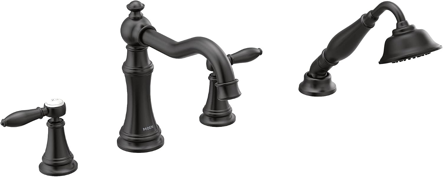 Moen TS21104BL Weymouth Two-Handle Roman Tub Faucet Trim Kit with Handshower, Valve Required, Matte Black