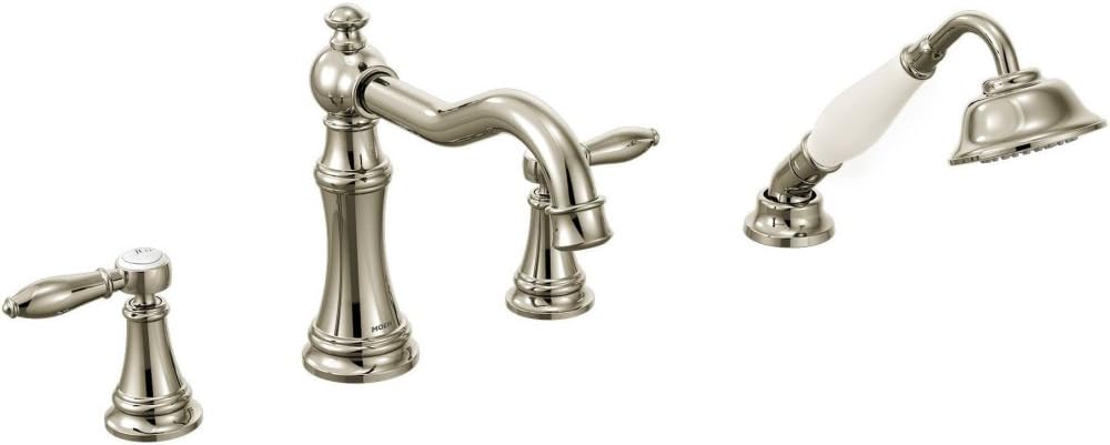 Moen TS21104NL Weymouth Two-Handle Diverter Roman Tub Faucet Includes Hand Shower, Nickel Polished Nickel